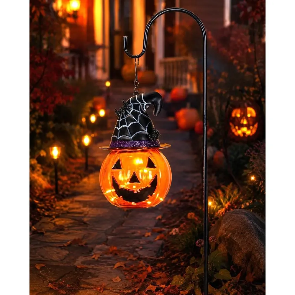 Halloween Solar Pumpkin Lantern Yard Stake Glass LED Outdoor Decor